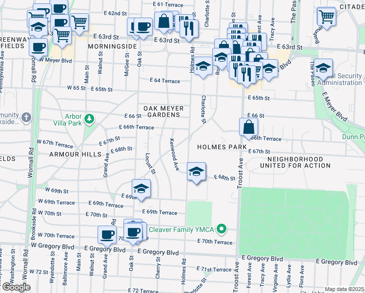 map of restaurants, bars, coffee shops, grocery stores, and more near 6707 Holmes Road in Kansas City