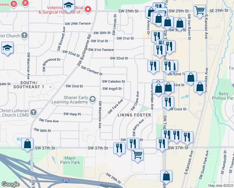 map of restaurants, bars, coffee shops, grocery stores, and more near 1313 Southwest Croix Street in Topeka