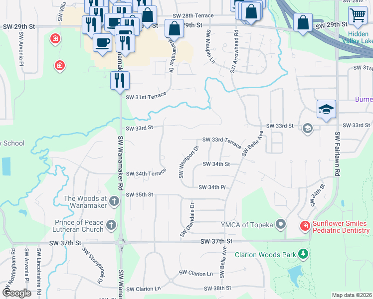 map of restaurants, bars, coffee shops, grocery stores, and more near 5716 Southwest Westport Circle in Topeka