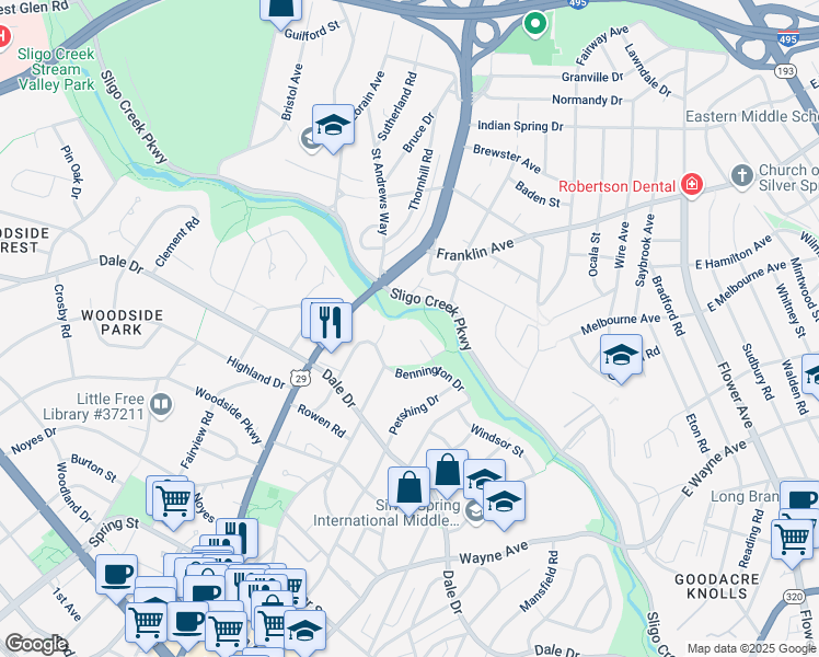 map of restaurants, bars, coffee shops, grocery stores, and more near 621 Bennington Lane in Silver Spring