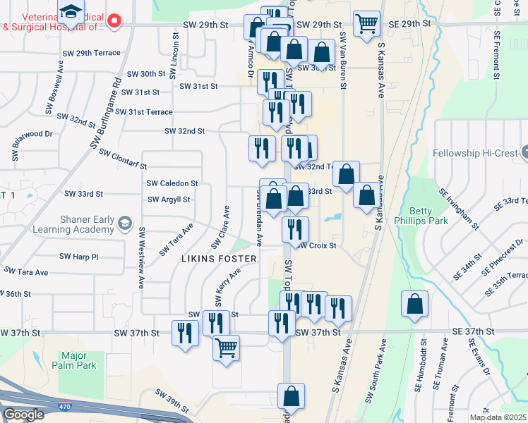 map of restaurants, bars, coffee shops, grocery stores, and more near 3386 Southwest Brendan Avenue in Topeka