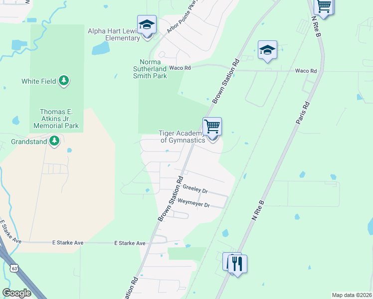 map of restaurants, bars, coffee shops, grocery stores, and more near 5306 Brown Station Road in Columbia