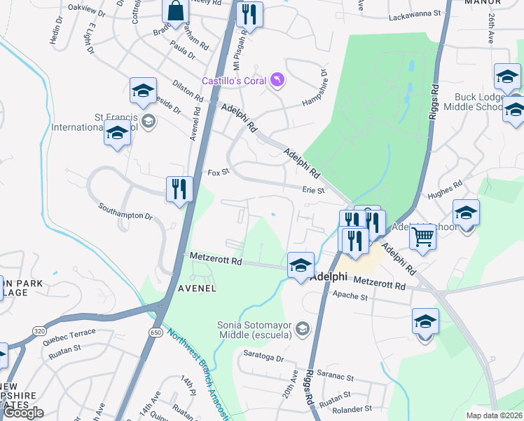 map of restaurants, bars, coffee shops, grocery stores, and more near 1822 Metzerott Road in Adelphi