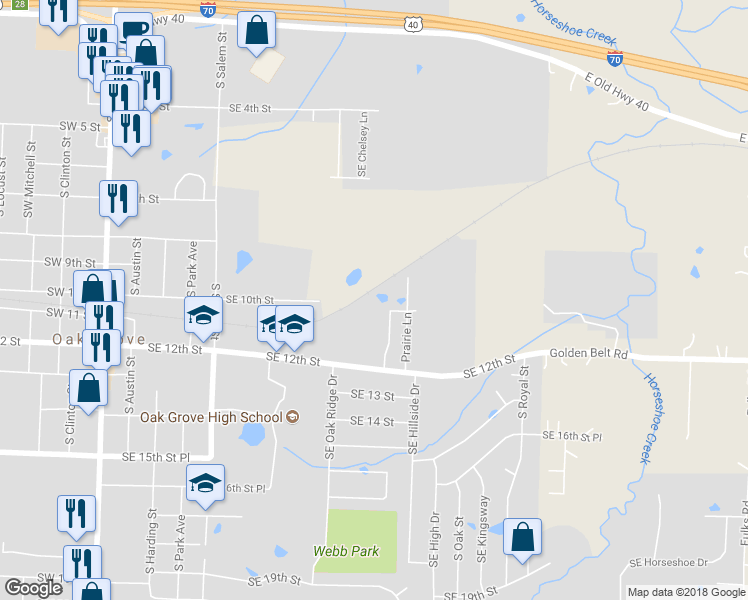 map of restaurants, bars, coffee shops, grocery stores, and more near 810 Southeast 11 Street in Oak Grove