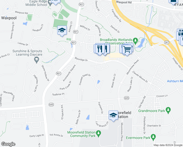 map of restaurants, bars, coffee shops, grocery stores, and more near 43145 Sunderland Terrace in Broadlands