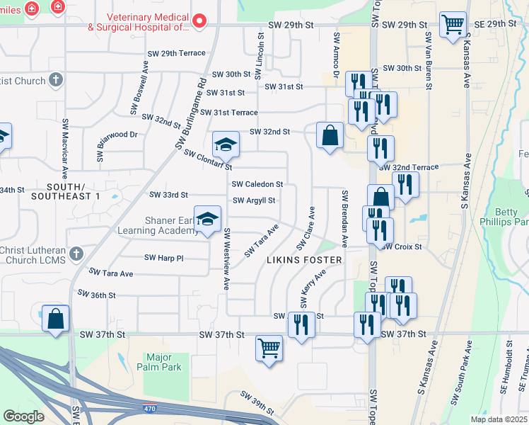 map of restaurants, bars, coffee shops, grocery stores, and more near 1313 Southwest Croix Street in Topeka