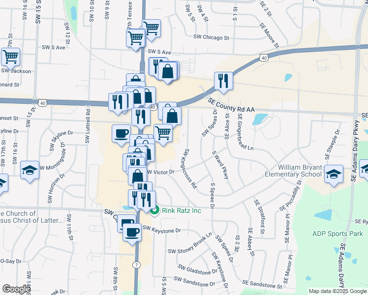map of restaurants, bars, coffee shops, grocery stores, and more near 1021 Southwest Kingscross Road in Blue Springs