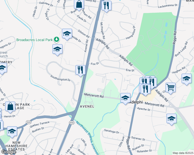 map of restaurants, bars, coffee shops, grocery stores, and more near 1810 Metzerott Road in Adelphi