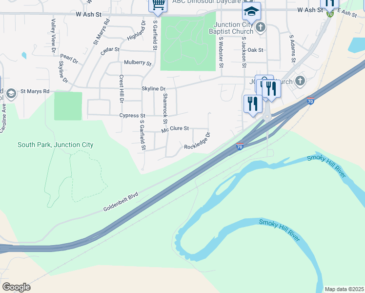 map of restaurants, bars, coffee shops, grocery stores, and more near 734 Rockledge Dr in Junction City