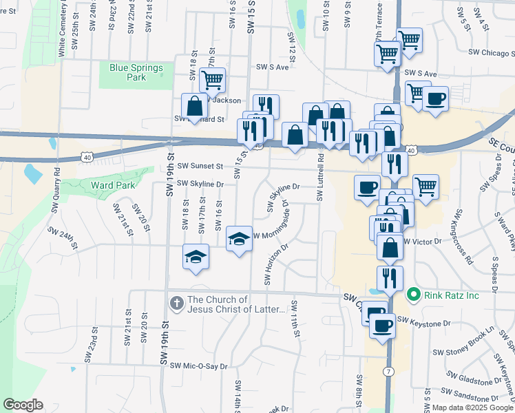map of restaurants, bars, coffee shops, grocery stores, and more near 1004 Southwest 14th Terrace in Blue Springs