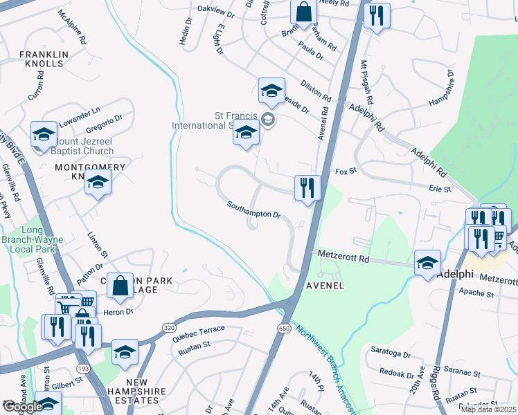 map of restaurants, bars, coffee shops, grocery stores, and more near 475 Southampton Drive in Silver Spring