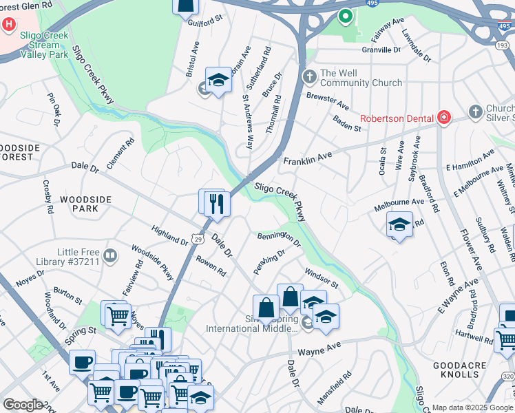 map of restaurants, bars, coffee shops, grocery stores, and more near 302 Ellsworth Drive in Silver Spring