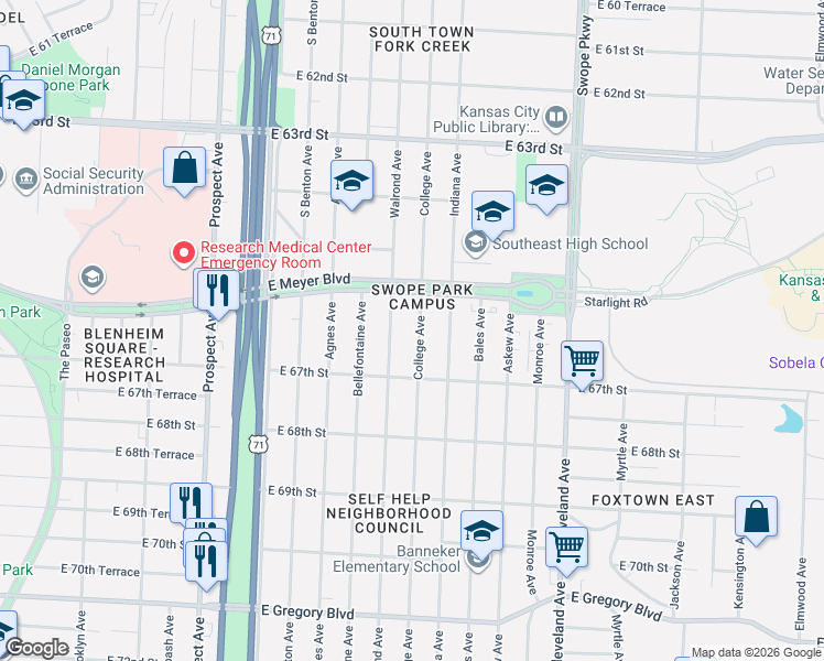 map of restaurants, bars, coffee shops, grocery stores, and more near 6639 College Avenue in Kansas City