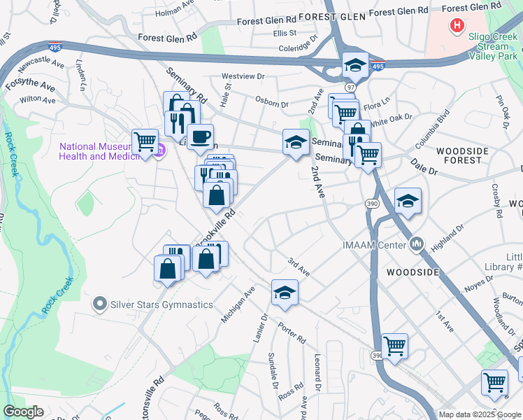 map of restaurants, bars, coffee shops, grocery stores, and more near 2101 Luzerne Avenue in Silver Spring