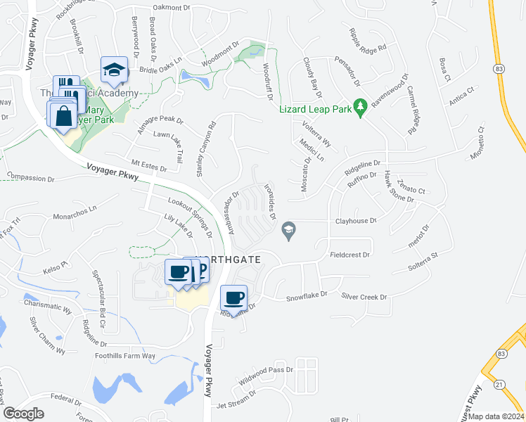 map of restaurants, bars, coffee shops, grocery stores, and more near Trenton Drive in Colorado Springs