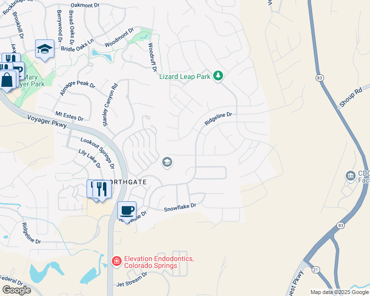 map of restaurants, bars, coffee shops, grocery stores, and more near 1977 Clayhouse Drive in Colorado Springs