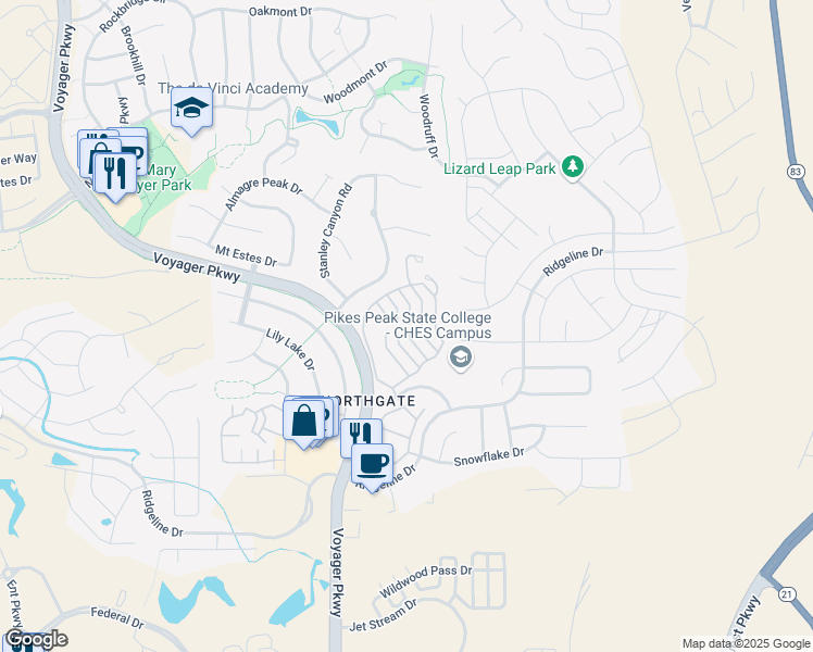 map of restaurants, bars, coffee shops, grocery stores, and more near Trenton Dr in Colorado Springs