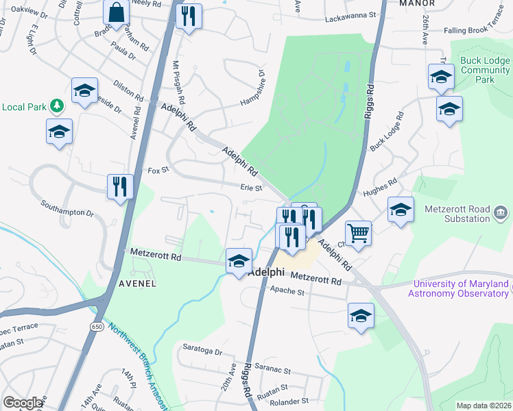 map of restaurants, bars, coffee shops, grocery stores, and more near 9276 Adelphi Road in Hyattsville