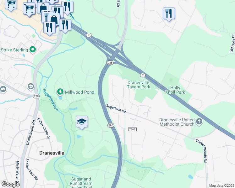 map of restaurants, bars, coffee shops, grocery stores, and more near 1073 Methven Court in Herndon