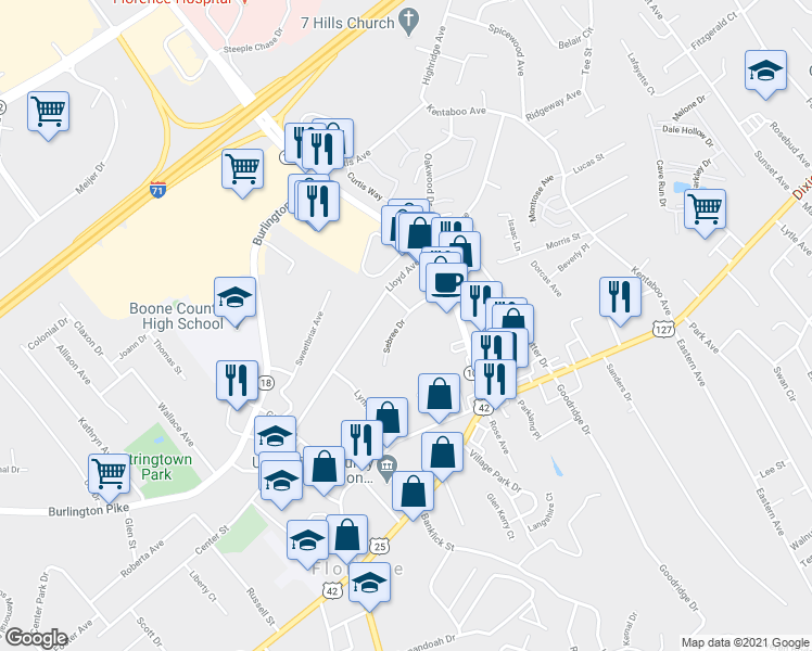 map of restaurants, bars, coffee shops, grocery stores, and more near 6805 Sebree Drive in Florence