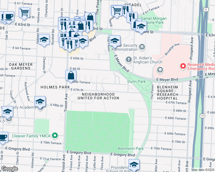 map of restaurants, bars, coffee shops, grocery stores, and more near 1428 East 67th Street in Kansas City