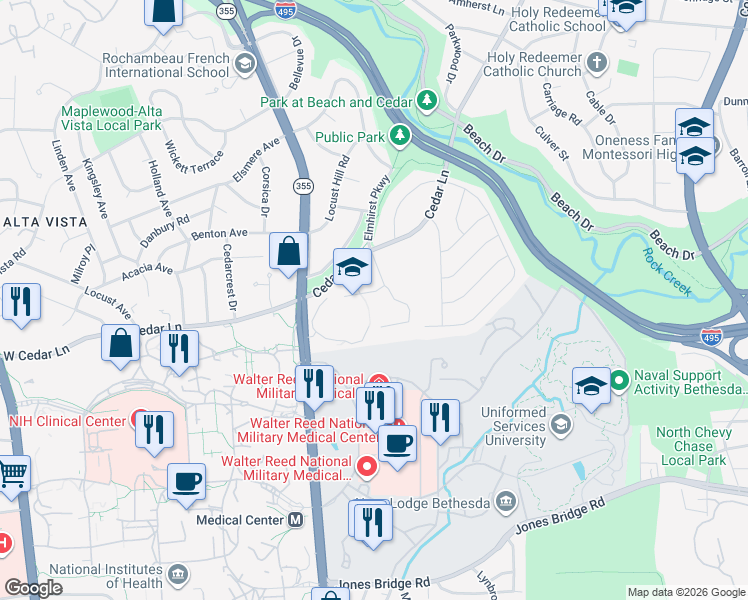 map of restaurants, bars, coffee shops, grocery stores, and more near 9101 Rockville Pike in Bethesda