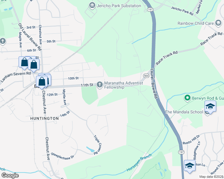map of restaurants, bars, coffee shops, grocery stores, and more near 13411 11th Street in Bowie