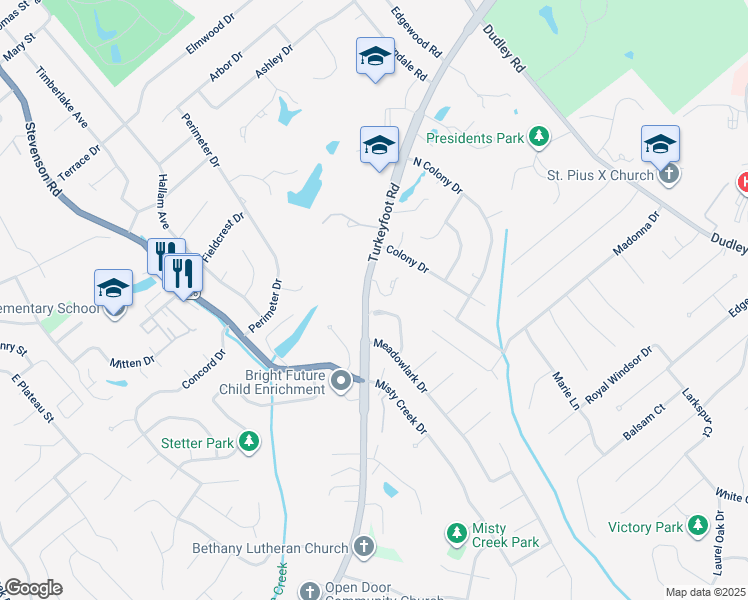map of restaurants, bars, coffee shops, grocery stores, and more near 3340 Turkeyfoot Road in Edgewood
