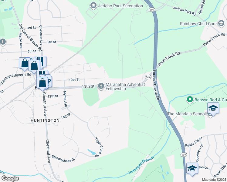 map of restaurants, bars, coffee shops, grocery stores, and more near 13411 11th Street in Bowie