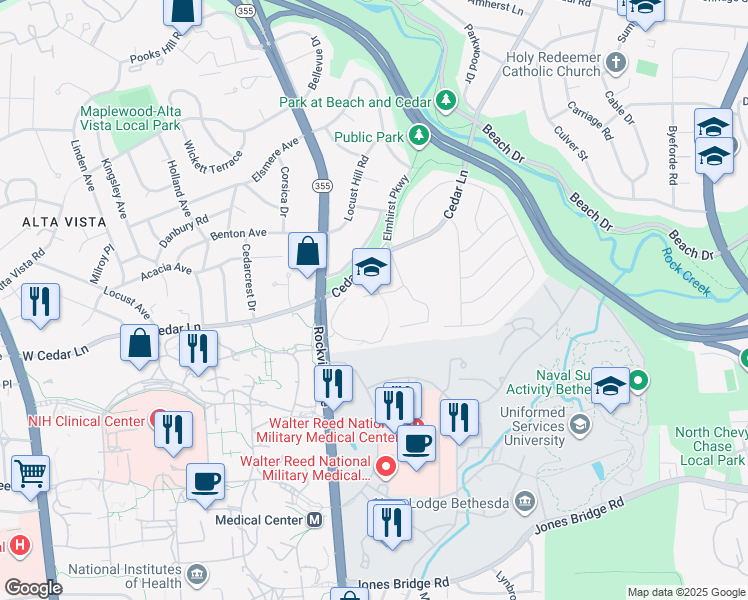 map of restaurants, bars, coffee shops, grocery stores, and more near 9101 Rockville Pike in Bethesda