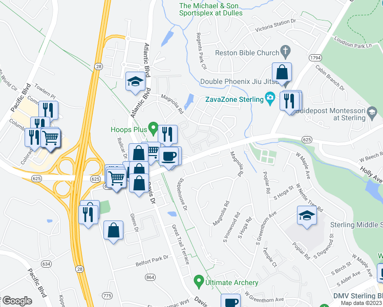 map of restaurants, bars, coffee shops, grocery stores, and more near 45553 Hutchens Square in Sterling