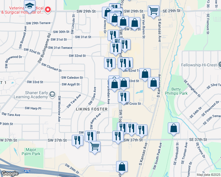 map of restaurants, bars, coffee shops, grocery stores, and more near 3393 Southwest Brendan Avenue in Topeka