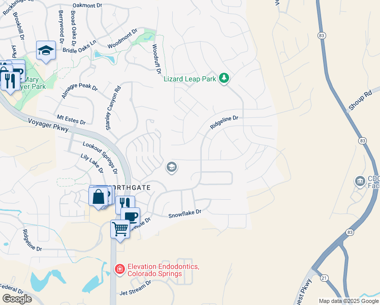 map of restaurants, bars, coffee shops, grocery stores, and more near 1977 Clayhouse Drive in Colorado Springs