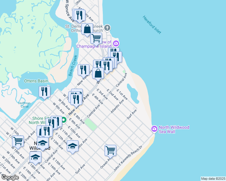 map of restaurants, bars, coffee shops, grocery stores, and more near 111 North Central Avenue in Wildwood