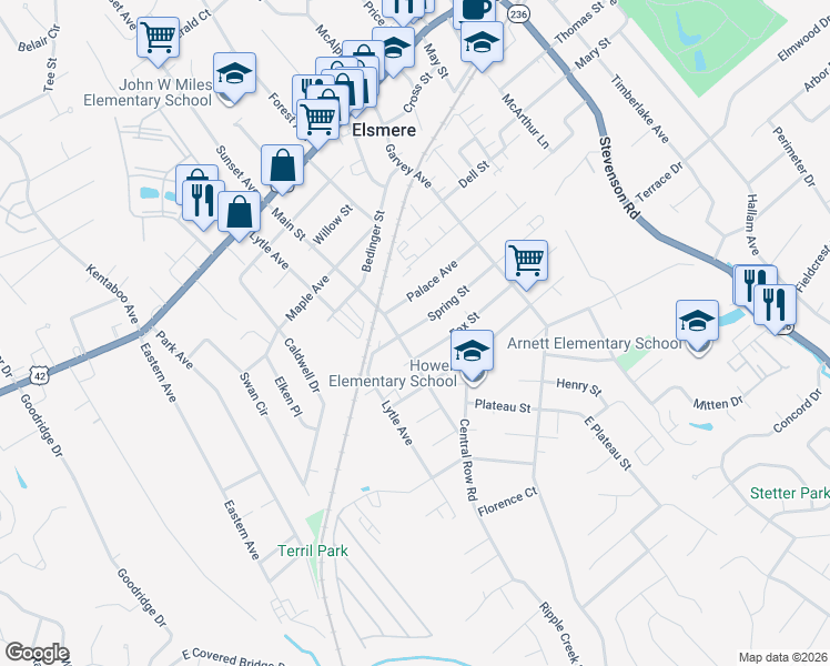 map of restaurants, bars, coffee shops, grocery stores, and more near 529 Spring Street in Elsmere
