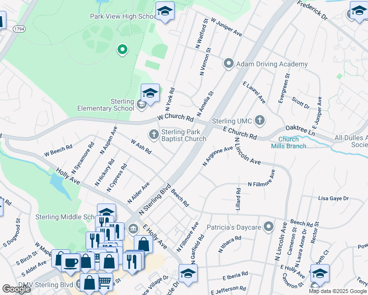 map of restaurants, bars, coffee shops, grocery stores, and more near 504 North Alder Avenue in Sterling