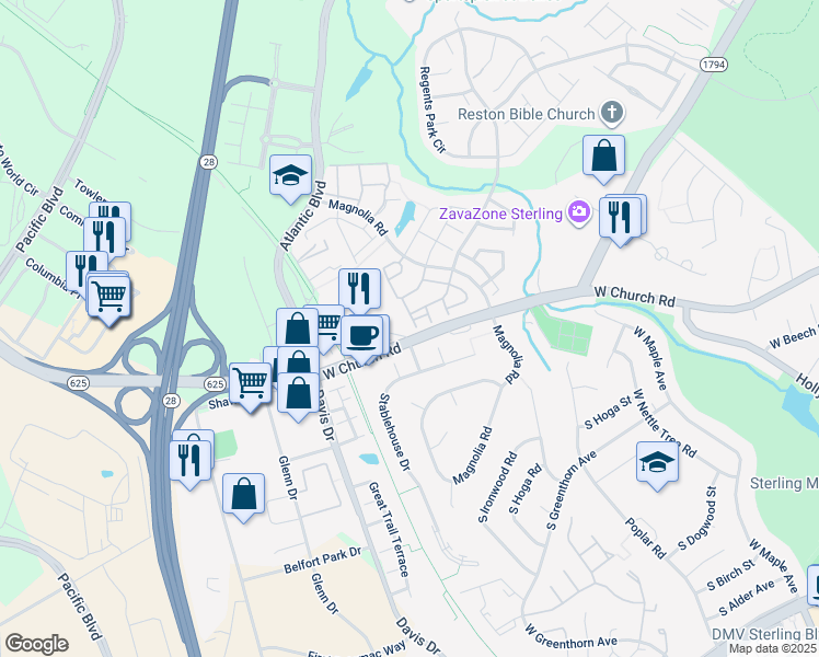 map of restaurants, bars, coffee shops, grocery stores, and more near 45553 Hutchens Square in Sterling
