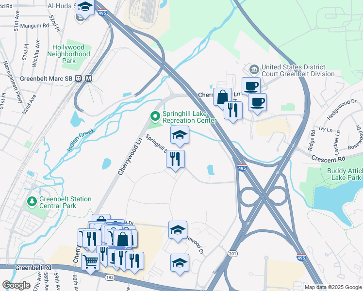map of restaurants, bars, coffee shops, grocery stores, and more near 6060 Springhill Drive in Greenbelt