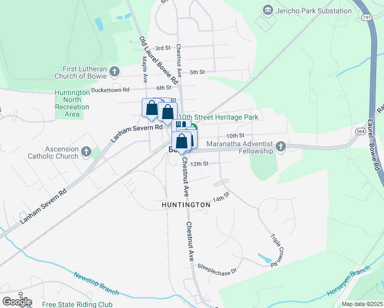 map of restaurants, bars, coffee shops, grocery stores, and more near 13103 Maryland 564 in Bowie