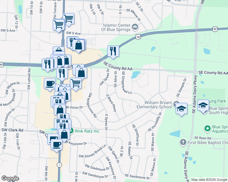 map of restaurants, bars, coffee shops, grocery stores, and more near 1012 South Ward Parkway in Blue Springs