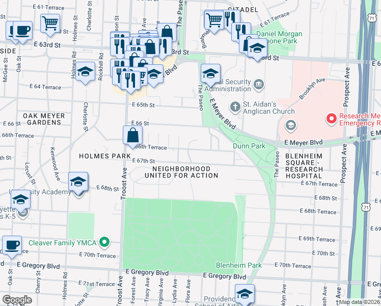 map of restaurants, bars, coffee shops, grocery stores, and more near 1428 East 67th Street in Kansas City