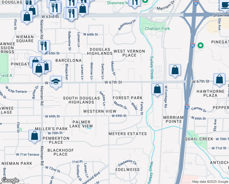 map of restaurants, bars, coffee shops, grocery stores, and more near 10021 West 68th Street in Shawnee