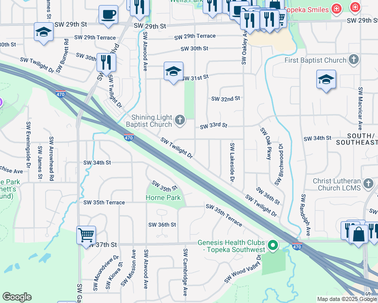 map of restaurants, bars, coffee shops, grocery stores, and more near 3507 Southwest Twilight Drive in Topeka