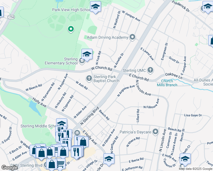 map of restaurants, bars, coffee shops, grocery stores, and more near 504 North Alder Avenue in Sterling