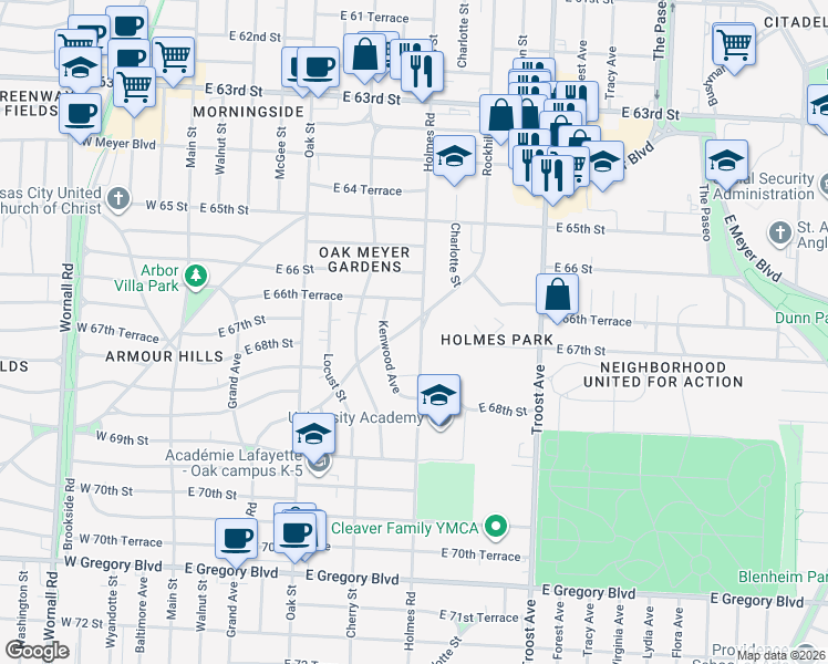 map of restaurants, bars, coffee shops, grocery stores, and more near 6707 Holmes Road in Kansas City