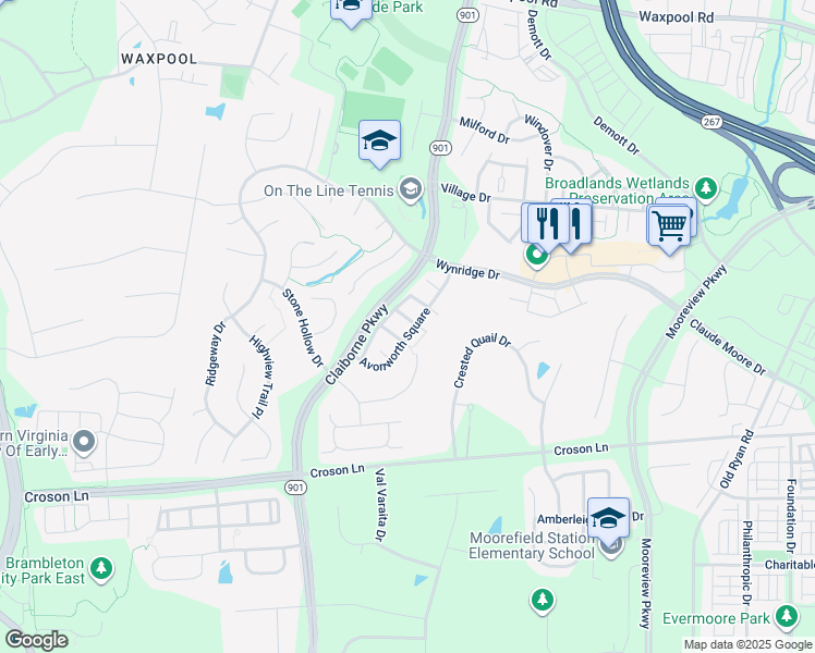 map of restaurants, bars, coffee shops, grocery stores, and more near 22055 Avonworth Square in Broadlands