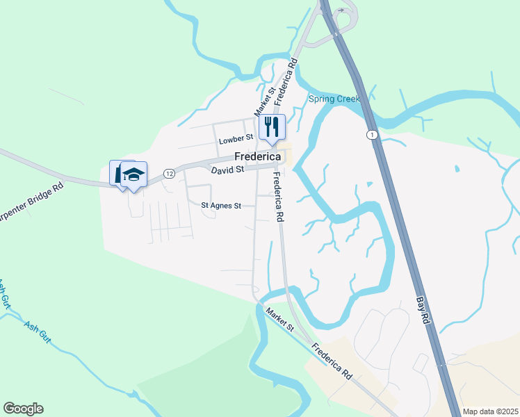 map of restaurants, bars, coffee shops, grocery stores, and more near 1229 Frederica Road in Frederica