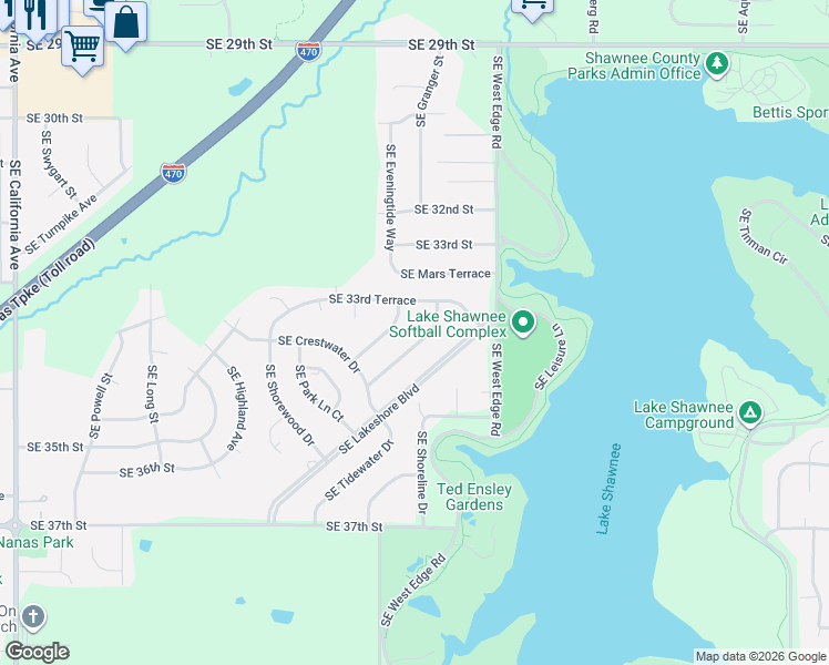 map of restaurants, bars, coffee shops, grocery stores, and more near 2738 Southeast Lakeshore Boulevard in Topeka