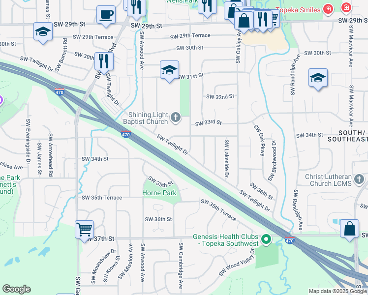 map of restaurants, bars, coffee shops, grocery stores, and more near 3507 Southwest Twilight Drive in Topeka