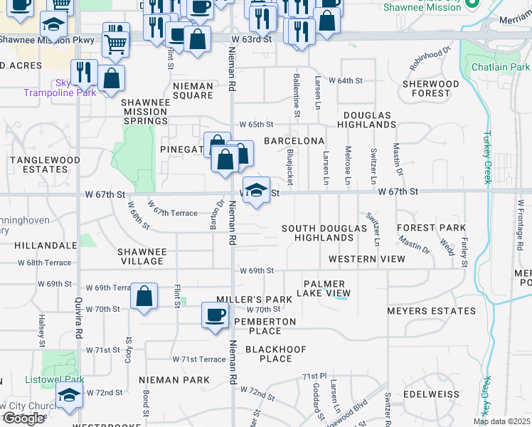map of restaurants, bars, coffee shops, grocery stores, and more near 10917 West 67th Street in Shawnee